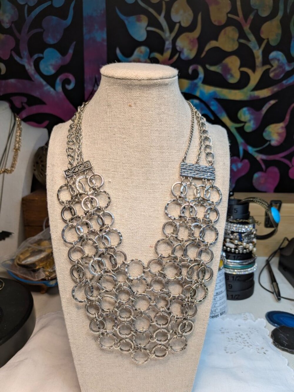 Silver Tone Textured Ring Bib Statement Necklace